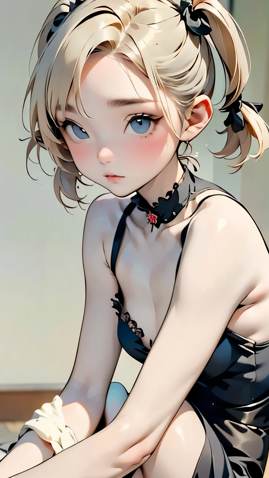 A girl in a black bikini、Wearing a hat,masterpiece, best quality) detailed,silver accessories , Blonde ,elegant, Pointed ears ,Black shirt,Black pleated skirt,Ponytail,Waist-length hair,Smile,Star decoration,Lace lace socks,vampire,Lace underwear,Lace stockings,Exposing thighs
