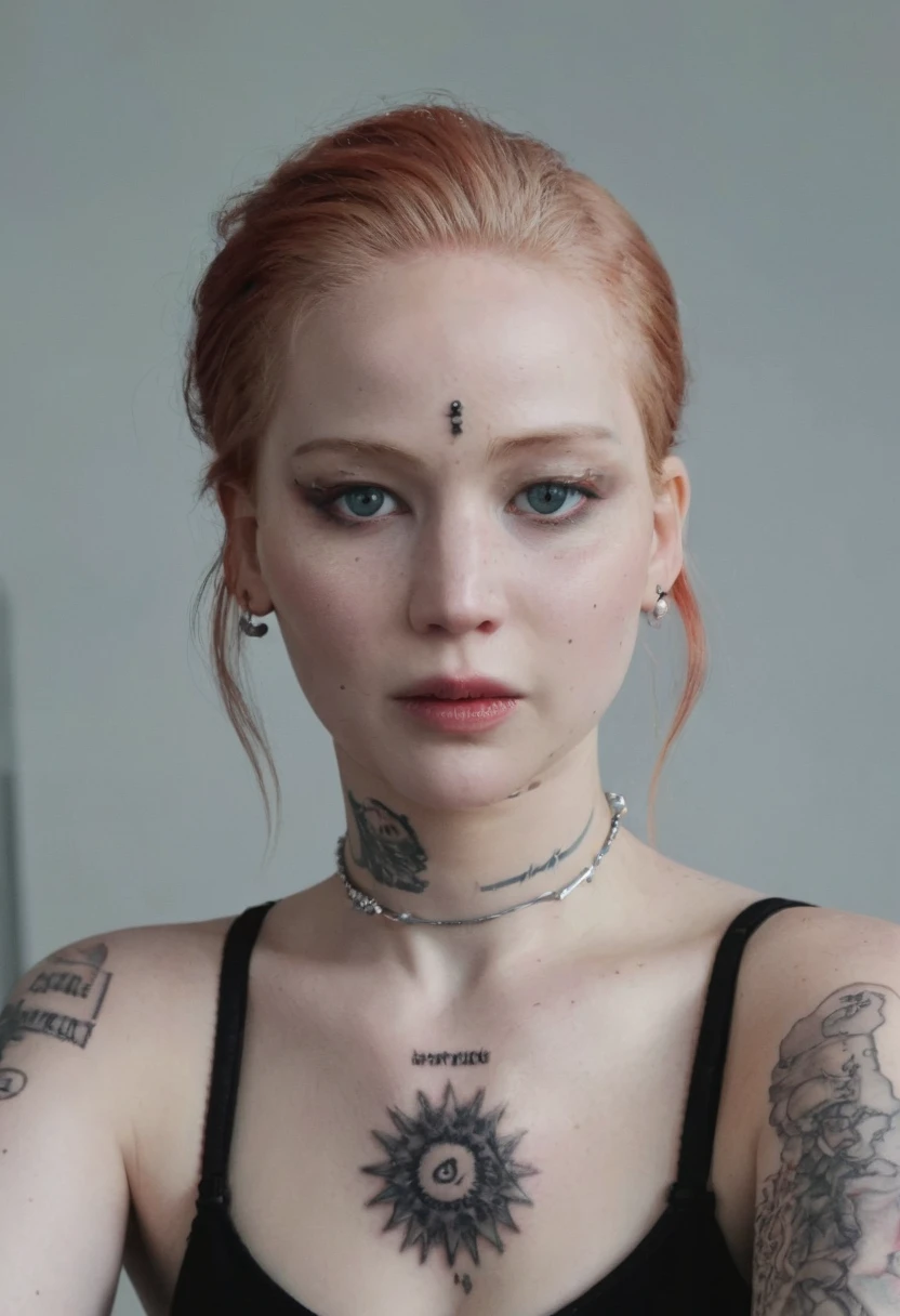 Jennifer Lawrence, Tips for the first topic are as follows： quality, 8K, 32K, On a table:1.3), ultra - detailed, (realistically:1.4), white colors, albinism, punk girl, upper part of body, redhead, Avant-garde punk fashion, Avant-garde makeup, numerous piercings, Have lots of tattoos, streets background, backlight effect, shallowdepthoffield, vague background"