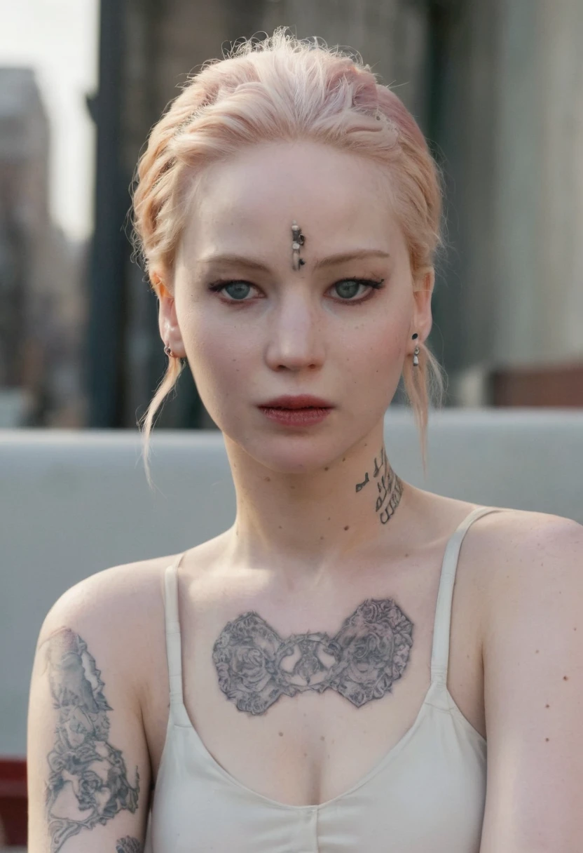 Jennifer Lawrence, Tips for the first topic are as follows： quality, 8K, 32K, On a table:1.3), ultra - detailed, (realistically:1.4), white colors, albinism, punk girl, upper part of body, redhead, Avant-garde punk fashion, Avant-garde makeup, numerous piercings, Have lots of tattoos, streets background, backlight effect, shallowdepthoffield, vague background"