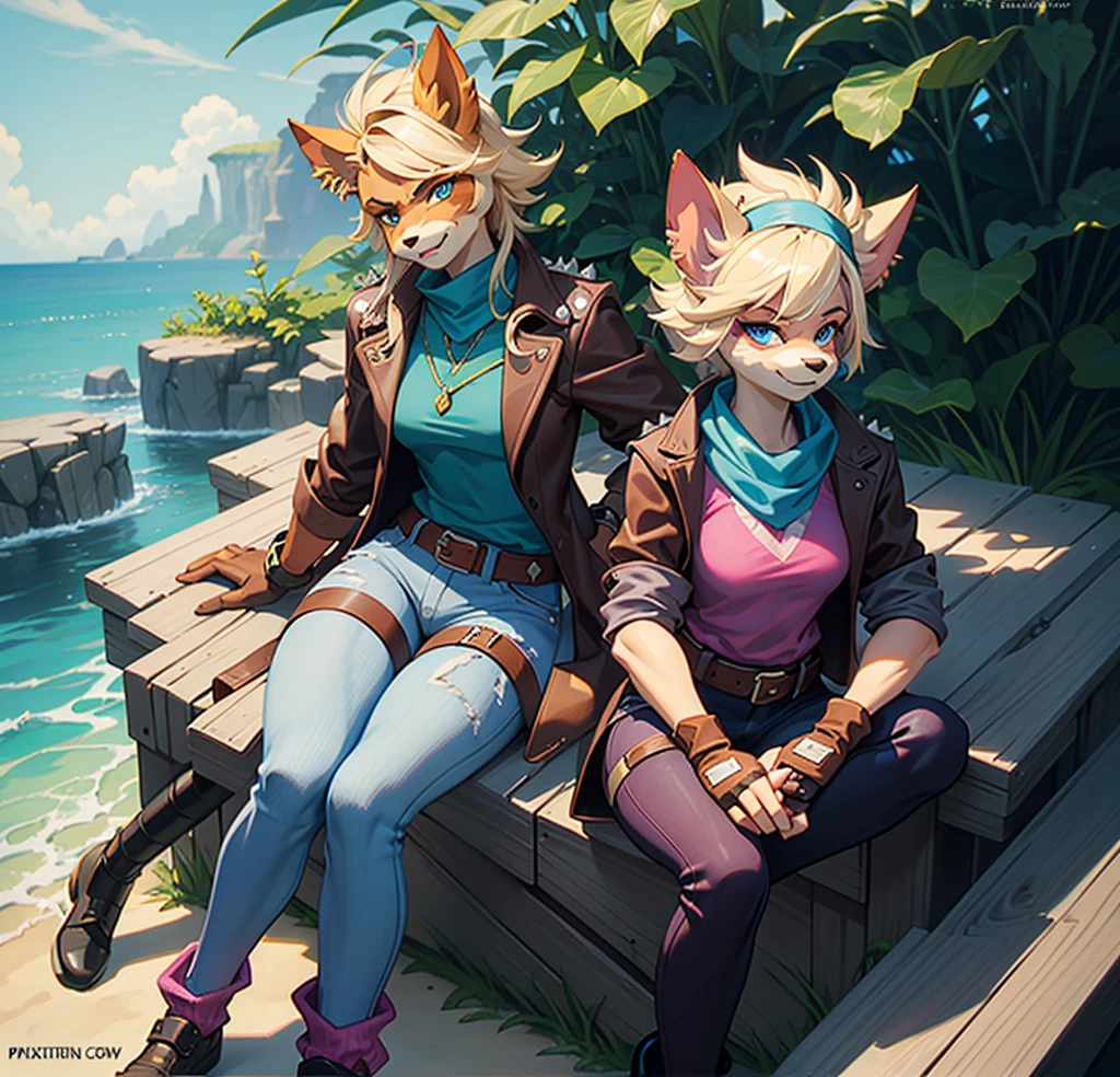 Best quality, Super detailed illustration, cartoon illustration, male furry anthro piratetawna, (best quality, masterpiece:1), blue eyes, medium nose, fully clothed, spiked jacket, pink shirt, jeans, loose belt, blue scarf, fingerless gloves, leg strap, leg warmers, sitting,wooden box,(outdoors jungle beach background:1.1),crossed legs, detailed face, shoes.