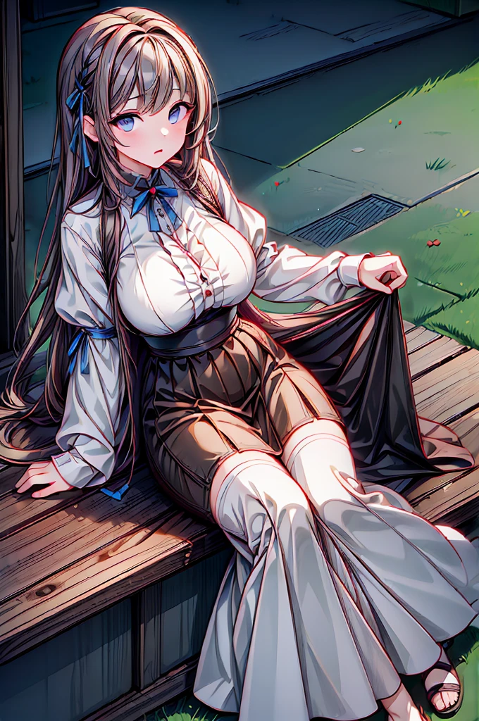 Maximum quality, masterpiece, high qualiy(Uma garota very beautiful, very beautiful) with dark hair, big boobies, looking at me with a silly but delicate and kind smile, wearing a long voluminous sweater with big sleeves next to a fluffy skirt wearing a , wearing big socks, outdoors and amidst the forest and the calm rain.
