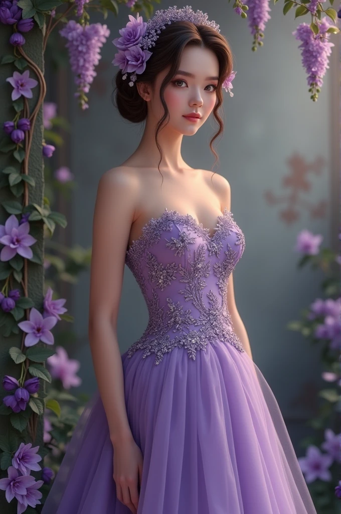Real pinay wearing gown purple blue with arounding flowers background