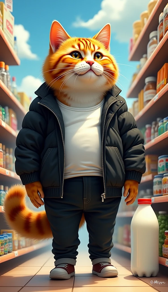 Brown cat in a Chinese supermarket, masterpiece, high quality, Wearing a wool coat, Kodak 400, Film Grain,Very detailed painted brown cat, high quality cat fur and features,