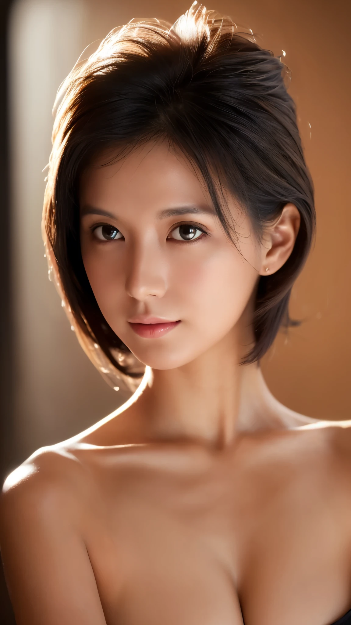 ((High resolution, 8K, masterpiece)), Photorealism, Bedroom, 1 female,Black Hair, clavicle: 0.8, whole body,32 years old,Are thin,Sexy,Full nudity,(Realistic, Realistic,(whole body全裸,whole bodyを写す))High detail, masterpiece, Rough skin, Anatomically correct, sharp, alone, ((Facial wrinkles)), Shapely but small breasts, Supermodel body type Hairstyle:Black Very short haircut with exposed ears (((Center the screen and face forward Pubic hair and armpit hair are growing))), The setting is an erotic love hotel room,Crying with mouth closed and staring straight ahead with a stern expression on his face,((posture:正面を向き直立してwhole bodyを写す)),