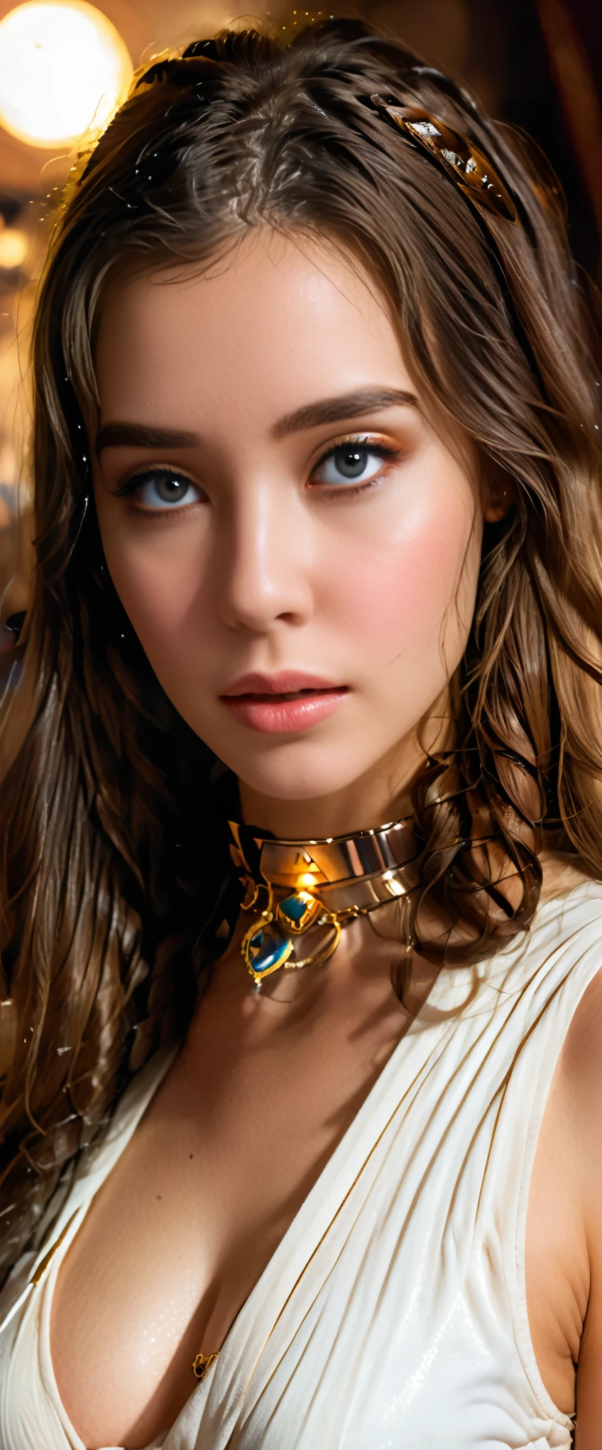 a girl in a Star Wars slave costume, extremely detailed facial features, beautiful detailed eyes, beautiful detailed lips, long eyelashes, flawless skin, porcelain-like complexion, wavy dark hair, slender figure, graceful pose, intricate sexy slave outfit details, gold jewelry, harem, warm lighting, cinematic composition, vibrant colors, photorealistic, 8k, (best quality:1.2), (realistic:1.37)