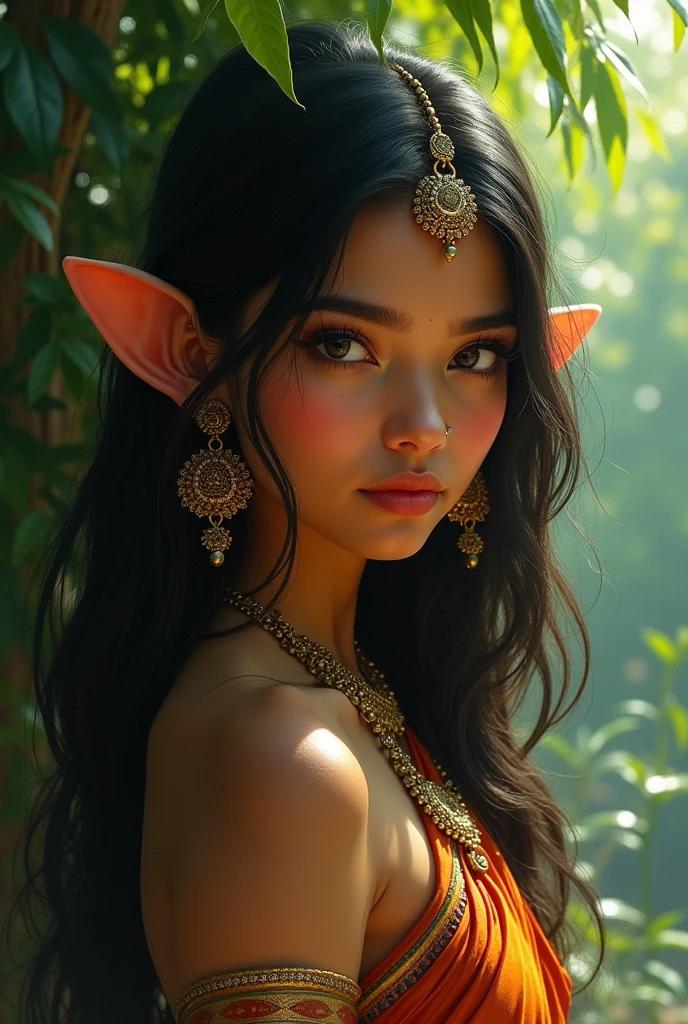Selfie pov, Extremely detailed, women, elven, Pakistani women, beautiful body, wearing traditional dress(gray and golden), beautiful huge 43cm breast, beautiful face, naked breast, exposed breast, sexy greenish gray eyes, winking, sexy look, light pink lips, open mouth smile,