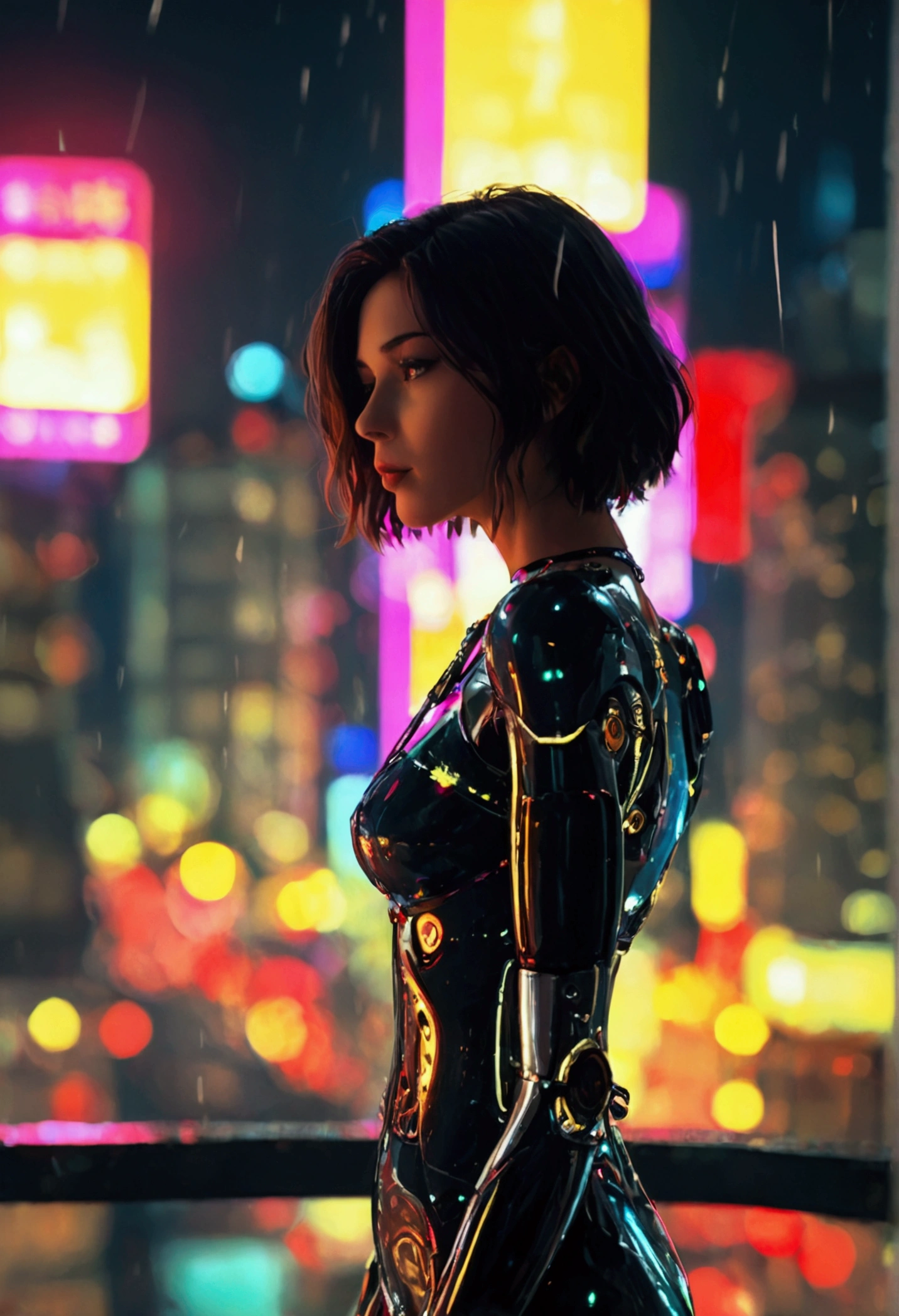 score_9, score_8_up, score_7_up, In this breathtaking rooftop scene, a cyborg beauty stands at the precipice, bathed in the vibrant glow of neon city lights. Her sun dress radiates warmth amidst the steel beams and cables framing her pose, With an expression shining bright like the city lights, she appears innocent yet powerful, poised against the urban sprawl stretching to infinity in every direction.