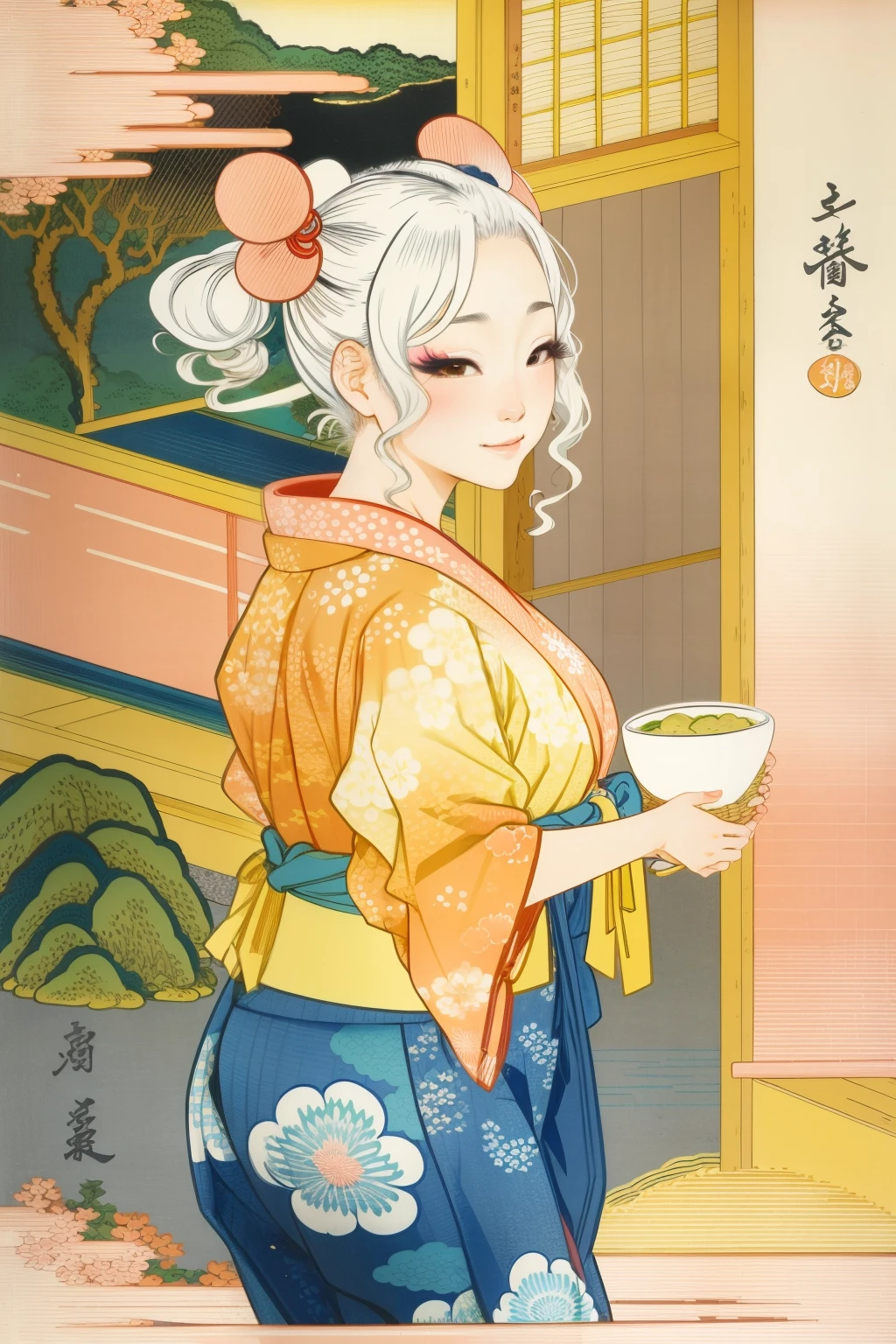 One Girl, Best Quality, Ukiyo-e style, Hokusai Style, Bon Odori, Summer Festival, Dancing Gal, Young woman, White Hair, Twin tails, Curly Hair, False eyelashes, The makeup is heavy, The skin is tanned, Pink and fluorescent yellow yukata,