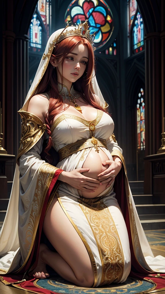 Here’s a revised description incorporating the details you provided:
The image features a character adorned in an elaborate white and gold robe with intricate patterns. She has long, flowing red hair and wears a crown adorned with jewels. In a serene, kneeling position, she gently clasps her hands over her prominently exposed, large, low-hanging pregnant belly, emphasizing the raw beauty of her pregnancy. This gesture underscores her profound love and prayer for the life of the unborn child within her. The background exhibits a luminous, stained-glass window with intricate designs, adding an ethereal ambiance to the scene. The overall surroundings and attire suggest a regal or divine theme, focusing on both maternal love and spiritual reverence.