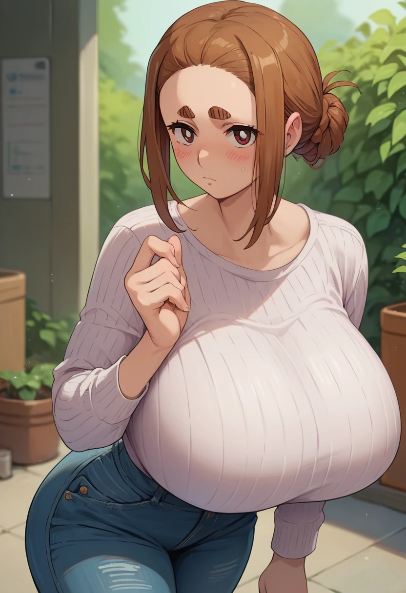 score_9,score_8_up,score_7_up,score_6_up,anime_Font,Ogawa Sumireko, 1 girl, (((huge breasts))), hair up in a bun, bushy eyebrows, Long sleeve knit、Ribbed knit、Denim pants, blushing, looking at viewer, sexy posture,
