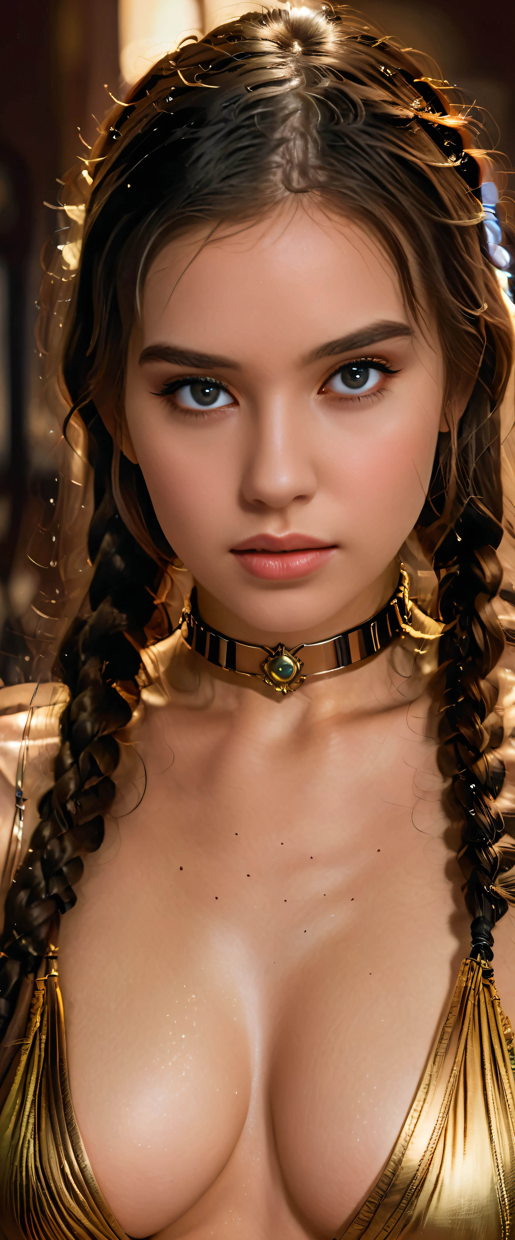 a girl in a Star Wars slave costume, extremely detailed facial features, beautiful detailed eyes, beautiful detailed lips, long eyelashes, flawless skin, porcelain-like complexion, wavy dark hair, slender figure, graceful pose, intricate sexy slave outfit details, gold jewelry, harem, warm lighting, cinematic composition, vibrant colors, photorealistic, 8k, (best quality:1.2), (realistic:1.37)