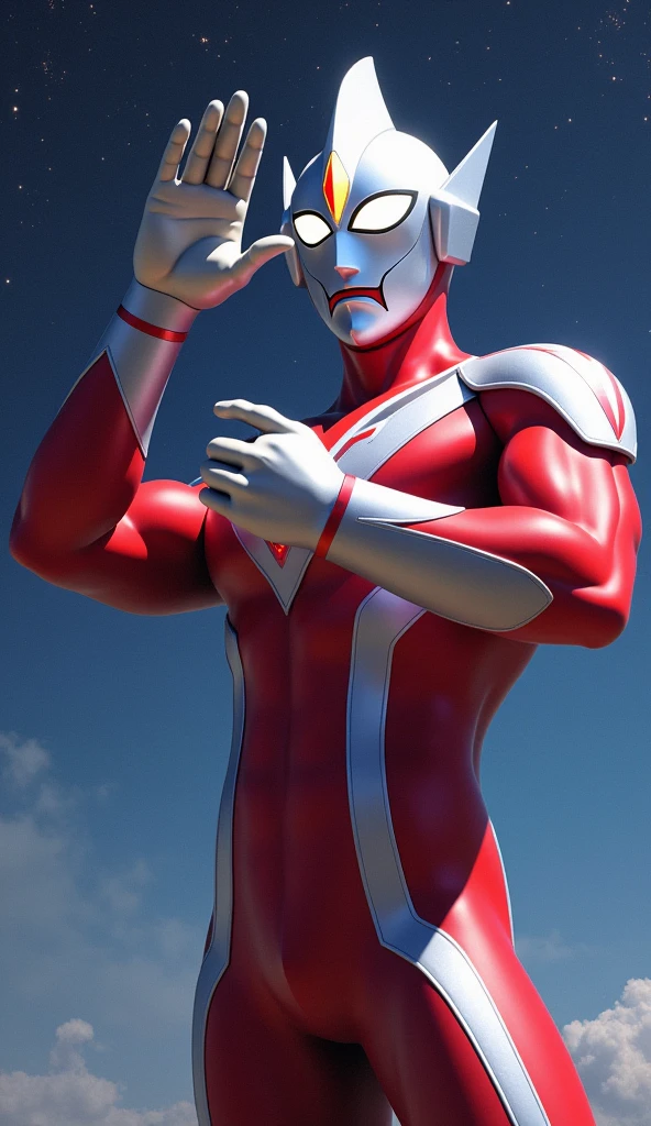  Ultraman Spacium Ray Pose Right palm vertical in front of face, left palm horizontal, both wrists stacked together