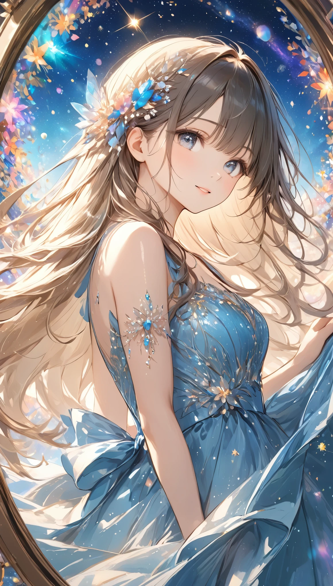 Sketch,UHD, retina, masterpiece, high details, high quality, super detail, best quality, highres, 4K, 8k,leaning forward、Kaleidoscope glittering background,Sparkling effects,Beautiful work,One Girl,The universe spreads out inside a beautiful dress。,Long Hair