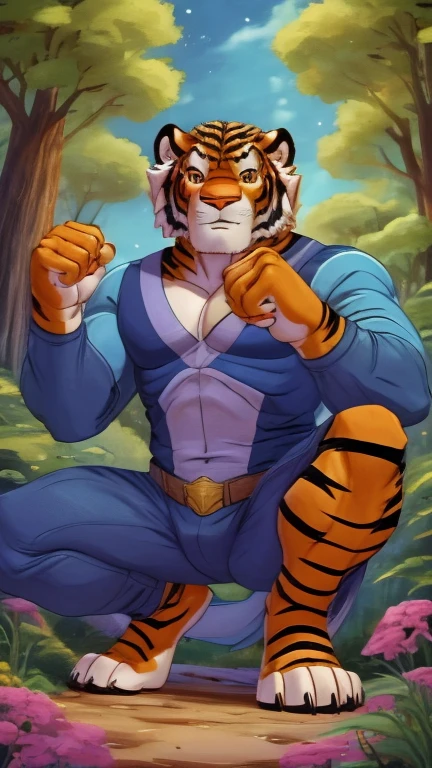 (1boy,tiger, tygra), (extremely detailed CG unit 8k wallpaper),(master part), (best quality), (ultra detail), (best illustration),(Tsukasa Hojo style), cowboy shot, Paw pose, show Paws show claws, (Sharp eyeliner, ombre, detailed eyes:1), forest, digital art, break , upper body, crouching, Sharp claws, two-tone hair, orange eyes, tiger stripes, orange skin, multicolored bodysuit, long sleeves,