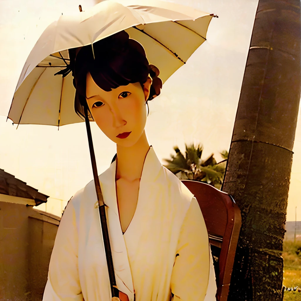 Photorealistic、In the heat haze、A beautiful woman holding a parasol, small in the distance