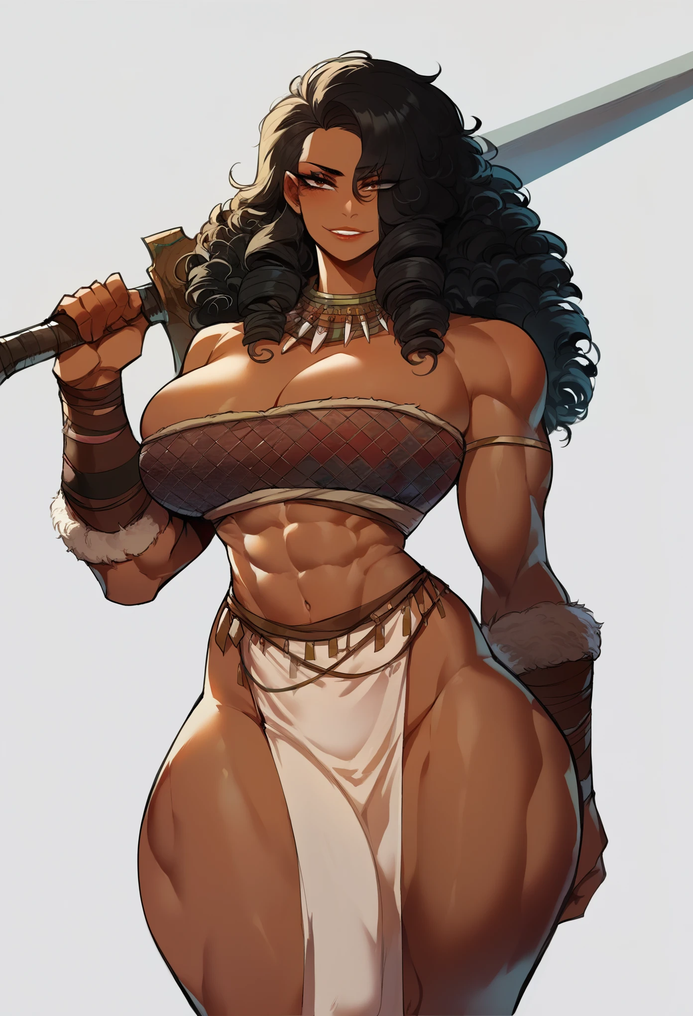 (score_9, score_8_up, seductive face, seductive expression), hyborean woman, warrior, barbarian, bronze skin, long curly black hair, hazel eyes, eyeliner, tall, amazonian, toned, fur bandeau bra, pelvic curtain, full lips, smile, feminine, wide hips, massive breasts, Nyantcha Style, source_anime,