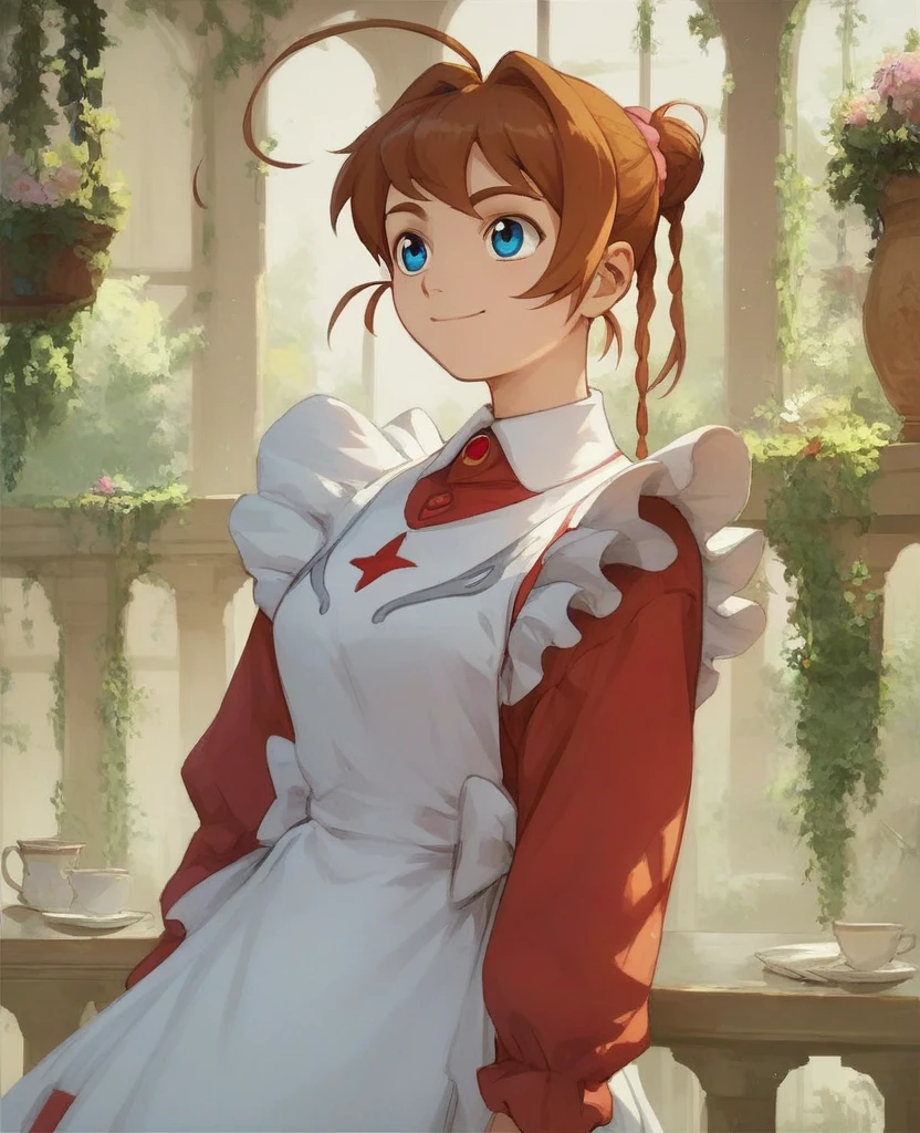 Arika Yumemiya, One girl, Brown Hair, Alone, Braiding, blue eyes, twin Braidings, Ahoge, Long sleeve, dress, Maid, smile,Standing, View your viewers,  Score_9, Score_8_up, Score_7_up, Score_6_up, Score_5_up, Score_4_up