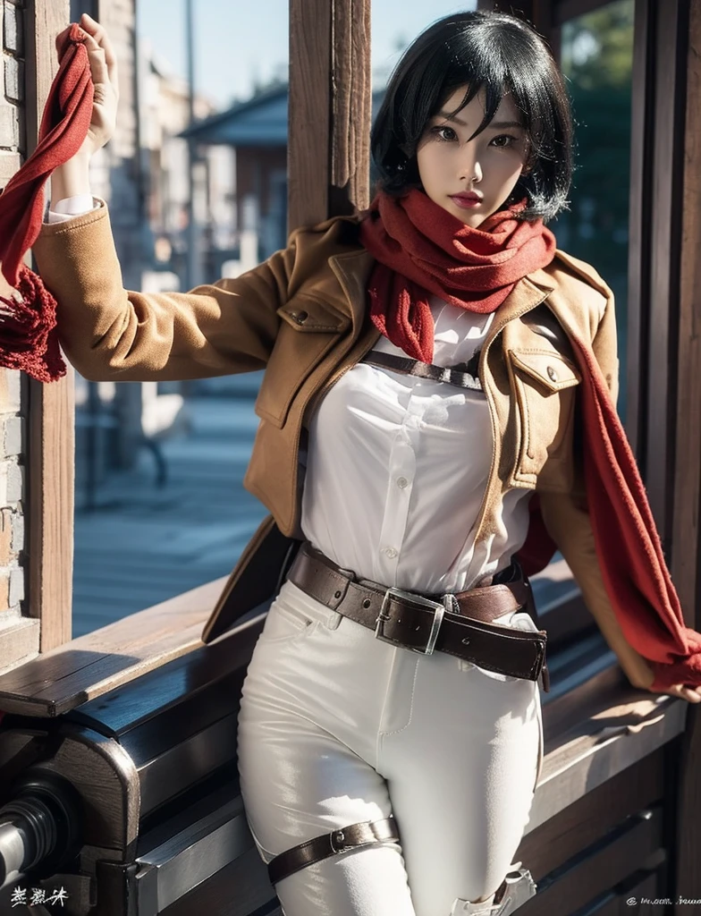 Master Parts, Best Quality, expensive, Hmm, Short Hair, Black Eyes, Bra very, Lower body wear, swim scarf, emblem, Belt Bag, Thigh straps, Red scarf, White pants, Brown jacket, Short sleeve, sword, Outside the house