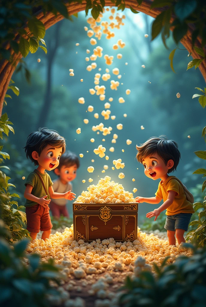 together, two  different boys Tom and Huck discovering treasure in an old chest. The chest is open, revealing gold coins, jewels, and antique items inside. Tom and Huck look amazed and delighted. They are sitting on the ground next to the chest in a dense forest, with rays of sunlight filtering through the leaves. The atmosphere is filled with excitement and adventure."