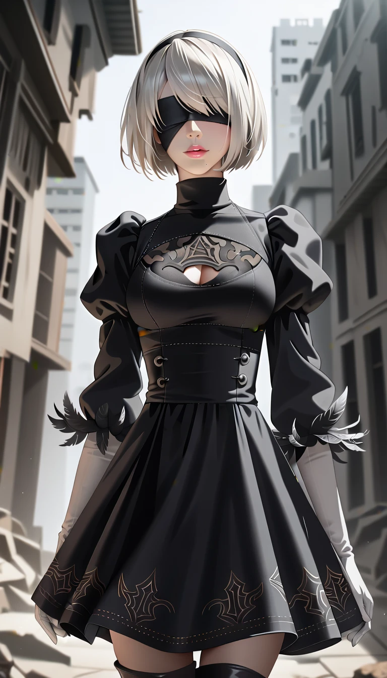 score_9, score_8_up, score_7_up, 32k,masterpiece, highest quality, 
photo realistic, vibrant colors, chiaroscuro lighting, cinematic lighting,
a anime woman, nier automata 2B inspired,
bob cut, gray hair, bangs, blindfold, pink lips, black goth dress, long sleeve, Juliet sleeve, white gloves, turtleneck, feather ornament, feather ornament sleeves, black leather boots, 
ruins, a ruined world, a devastated battlefield, picturesque, beautiful scenery, fantastic night sky,
seductive pose, cinematic angle,