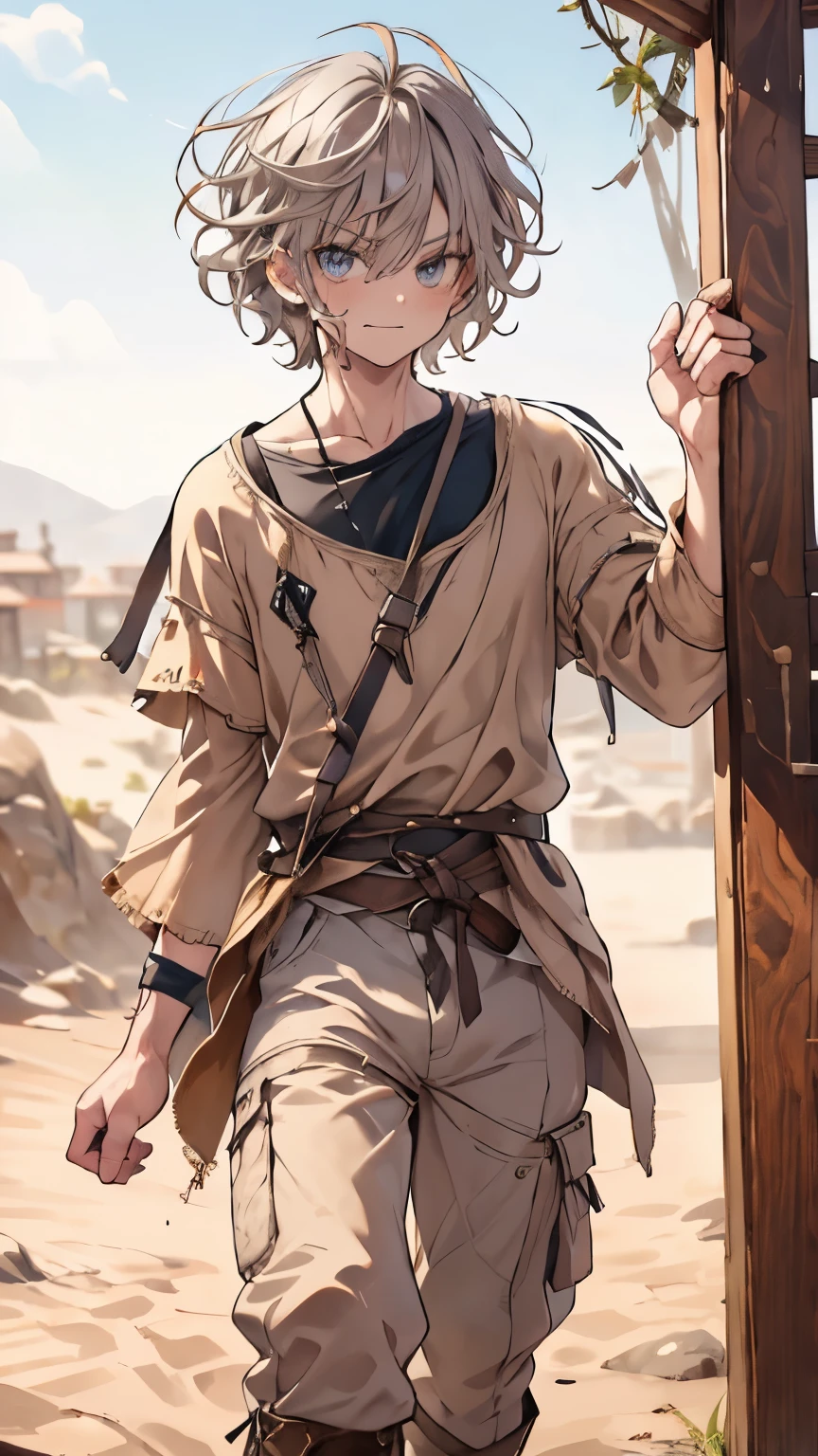 masterpiece, 1 men, sparrow, a silver haired men, wearing a medieval villager clothes, curly short hair, messy hair, slim body, he close her left eye, shirt ornament, ruby eyes, ahoge, baby face, beautiful eyes, boots, droopy eyes, her age is 19, short hair, angry, curly hair, MongolPunkAI, view from right down, lend a hand to you, he very close to you, smug smile, rainbow_one, brown tunic shirt, long trousers, masculin