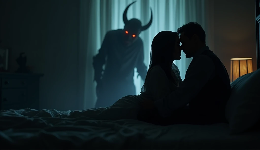 Land of Rakshasa、Japan、Thugs wearing demon masks attack the girl inside the mansion、On the futon、Kimono-like bedding、(A thin, pale-skinned young woman), The merciless demons、Hell on Earth、Dark Clouds、A cruel world where people are no longer people,