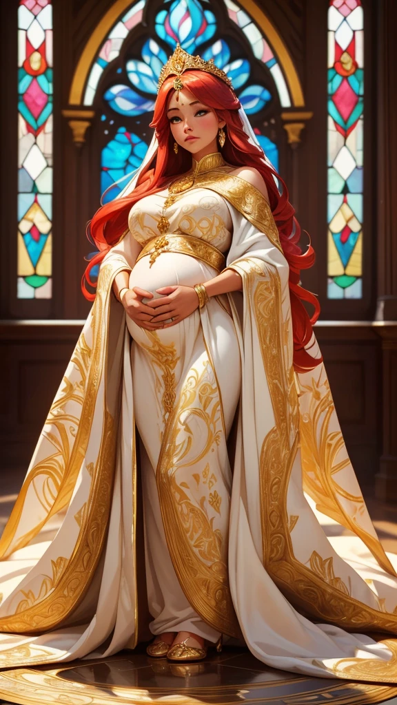 Here’s a revised description incorporating the details you provided:
The image features a character adorned in an elaborate white and gold robe with intricate patterns. She has long, flowing red hair and wears a crown adorned with jewels. In a serene, kneeling position, she gently clasps her hands over her prominently exposed, large, low-hanging pregnant belly, emphasizing the raw beauty of her pregnancy. This gesture underscores her profound love and prayer for the life of the unborn child within her. The background exhibits a luminous, stained-glass window with intricate designs, adding an ethereal ambiance to the scene. The overall surroundings and attire suggest a regal or divine theme, focusing on both maternal love and spiritual reverence.