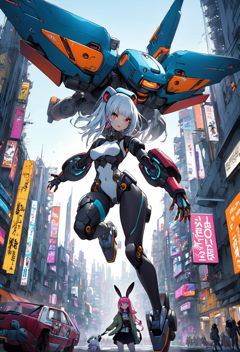 ( Best Quality, great, Highly detailed Unity, 8k resolution, Depth-of-field, super fine-illustration:1.5), 3D, insanely detailed, colorful details, iridescent colors, (natural lighting, natural shading: 1.0), detailed background, (full body shot:1.5) , aerial view , (wide angle lens:0.0),
 (1girl), detailed beautiful face, ultra detailed eyes, detailed skin texture, Sparkling eyes, Cute face, kawaii, Smile, grin, (Open mouth:0.0), , delicate hair, (disheveled hair:0.0), Shiny hair, shiny skin, exposed skin, (Thin pink lips: 0.8),
 headgear, white hair ornament, (a mech girl:0.2), (mechanical suit:0.2) , white and orange clothing,  (Blue sky, white clouds:1.0),  (rampage:0.1), (destruction:0.0), townscape,cityscape,street, people, car, gts, giantess