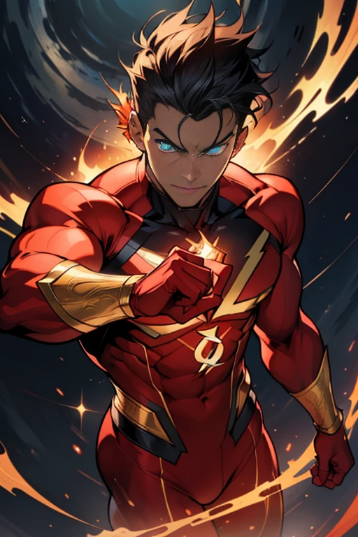 The Flash, clad in his iconic red suit with a golden lightning bolt emblem, stands before us with a hopeful expression gracing his chiseled features. In his hand, the distinctive blue lantern ring gleams, its power radiating palpable energy. His piercing blue eyes, filled with determination and compassion, seem to burn with the very essence of hope itself. The detailed texture of his skin, as if etched with intricate lines, enhances the sense of depth and realism in this high-resolution character portrait. (Masterpiece: 1.2)