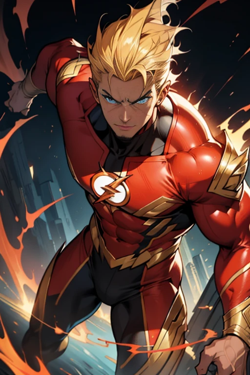 The Flash, clad in his iconic red suit with a golden lightning bolt emblem, stands before us with a hopeful expression gracing his chiseled features. In his hand, the distinctive blue lantern ring gleams, its power radiating palpable energy. His piercing blue eyes, filled with determination and compassion, seem to burn with the very essence of hope itself. The detailed texture of his skin, as if etched with intricate lines, enhances the sense of depth and realism in this high-resolution character portrait. (Masterpiece: 1.2)