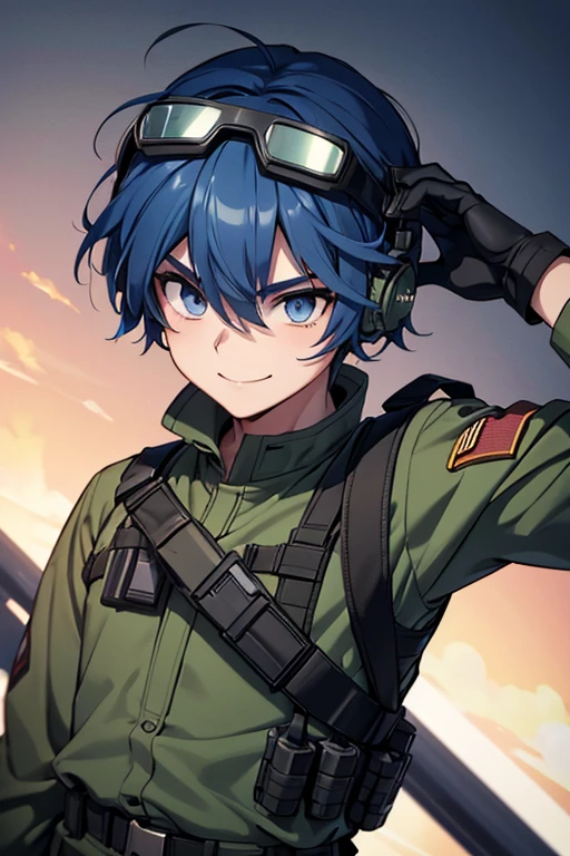 One man、Around 2、Armed Soldiers、Military、Alone, Very thick outline、Medium 短い-Cut Hair、Blue Hair、Gray Eyes、anime、Angle where you can see the whole body、Front angle、smile、Small Head、Put tactical goggles on your head、army、Wireless communication device