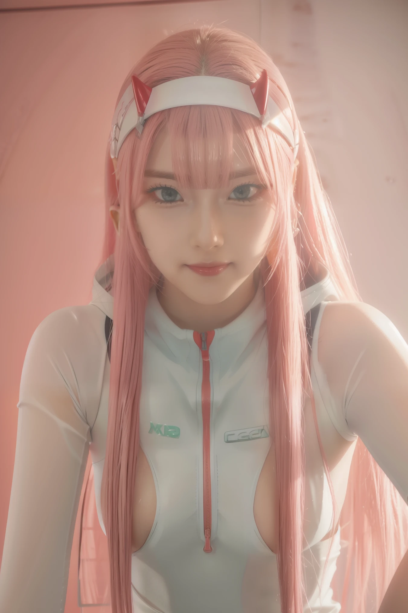 ((best quality)),((highly detailed)),masterpiece,absurdres,detailed face,beautiful face,((detailed eyes, deep eyes)),(1girl),((dynamic pose)),   Zero_Two, green eyes, 1girl, solo, red bodysuit, long hair, pilot suit, pink hair, bodysuit, straight hair, hairband, standing, horns, breasts, bangs, closed mouth, looking at viewer, medium breasts, white hairband, skin tight, blunt bangs, makeup, eyeshadow, very long hair, sidelocks, expressionless, hair between eyes, red horns, shiny hair, towards the viewer, smile