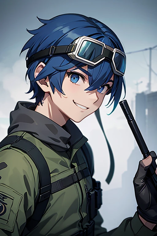 One man、Around 2、Armed Soldiers、Military、Alone, Very thick outline、Medium 短い-Cut Hair、Blue Hair、Gray Eyes、anime、Front angle、smile、Small Head、Put tactical goggles on your head、army、Wireless communication device、Angle where you can see the whole body