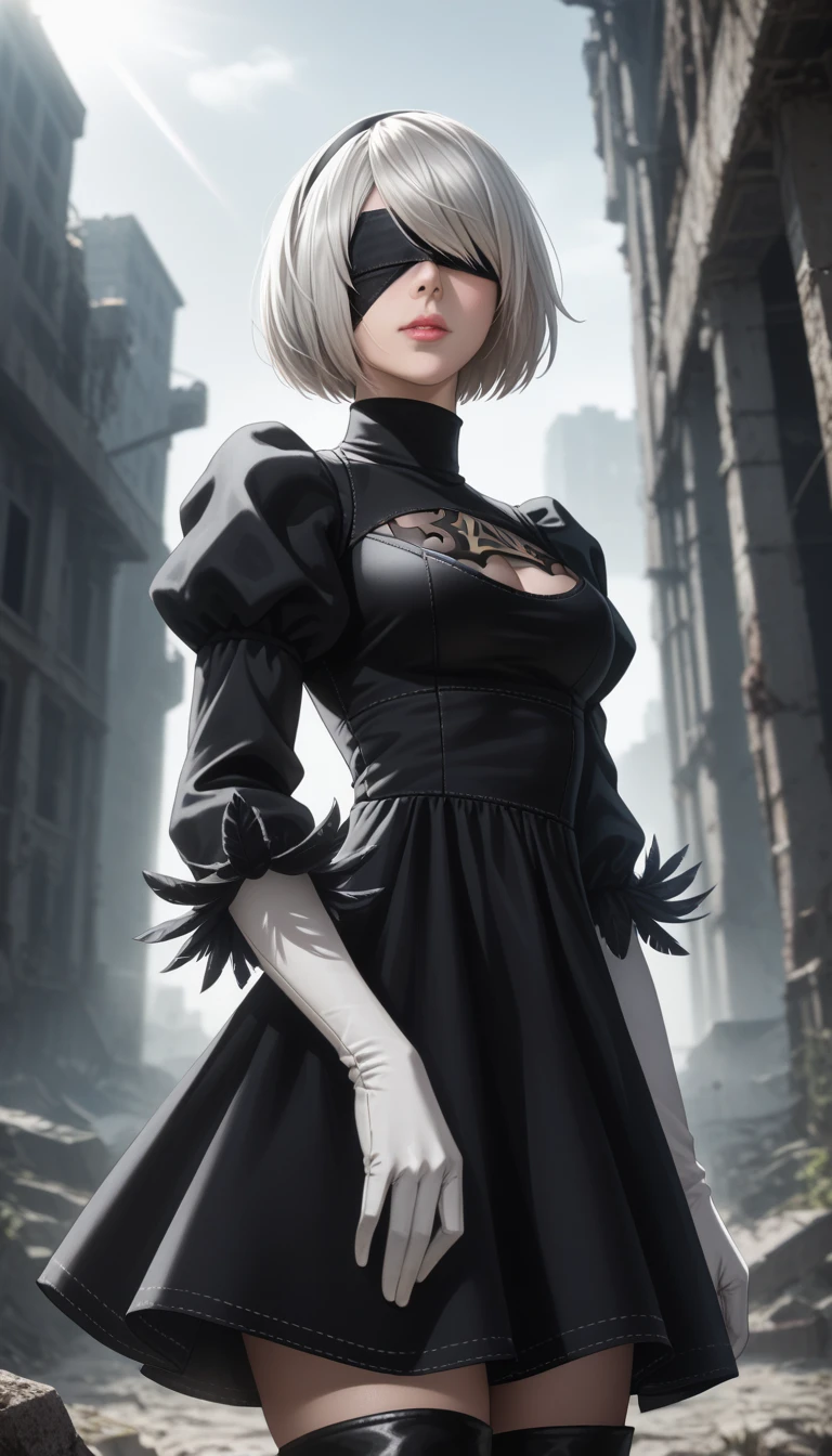 score_9, score_8_up, score_7_up, 32k,masterpiece, highest quality, 
photo realistic, vibrant colors, chiaroscuro lighting, cinematic lighting,
a woman, nier automata 2B inspired,
bob cut, gray hair, bangs, blindfold, pink lips, black goth dress, long sleeve, Juliet sleeve, white gloves, turtleneck, feather ornament, feather ornament sleeves, black leather boots, 
ruins, a ruined world, a devastated battlefield, picturesque, beautiful scenery, fantastic night sky,
seductive pose, cinematic angle,