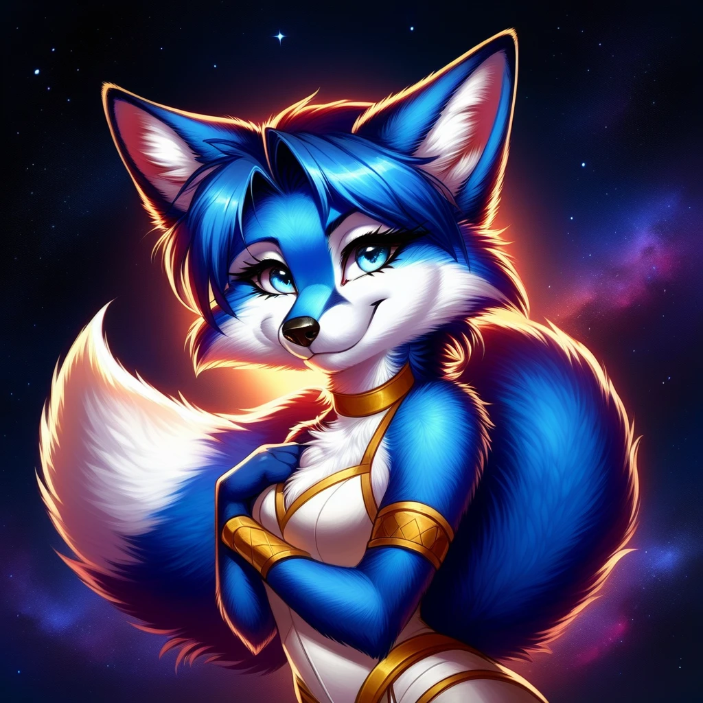 krystal, fox, female, vixen, fox tail, tail accessory, blue fur, blue body, slim body, short hair, blue hair, blue eyes, eyelashes, smile, smug smile, white bottomwear, topwear, yellow choker, yellow shoulder guards, yellow bracer armor, gorgeous, majestic, elegant, mysterious, alluring, romantic, beautiful, sexy body, full body, highres, perfect artwork, absurdres, waifu, in space, safe for work