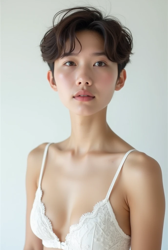 (((SAD FACE EXPRESSION:1.2)), ((NECK LACE)), ((GOTHIC BLACK EYELASHES & LIPS)), ((BLACK LIPS)), ((Very Shorthaircut)), adorable, 1 girl, (face to face), , baby face, half body portrait, (face details: 1), (eye details: 1), ((tiny breasts)). ((croptank latch)), ((net stockings)), lingerie, ((naked pink)), ((DETAILED NIPPLES:1.2))