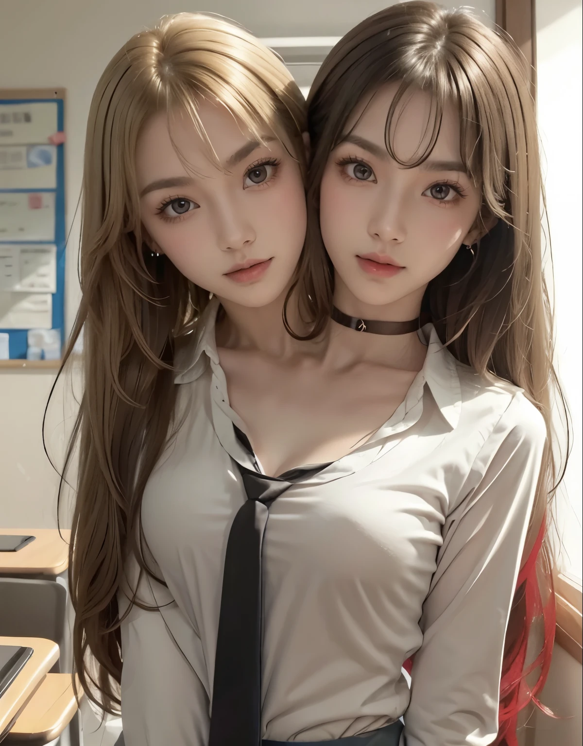 marin kitagawa, blonde hair, choker, ear piercing, earrings, long hair, piercing, (red eyes:1.5), straight hair, (two_heads:1.5), swept bangs,
BREAK black necktie, long sleeves, pleated skirt, school uniform, shirt, skirt, sleeves rolled up, white shirt, cleavage,
BREAK indoors, classroom,
BREAK looking at viewer, 
BREAK (masterpiece:1.2), best quality, high resolution, (beautiful detailed eyes:1.6), extremely detailed face, perfect lighting,
