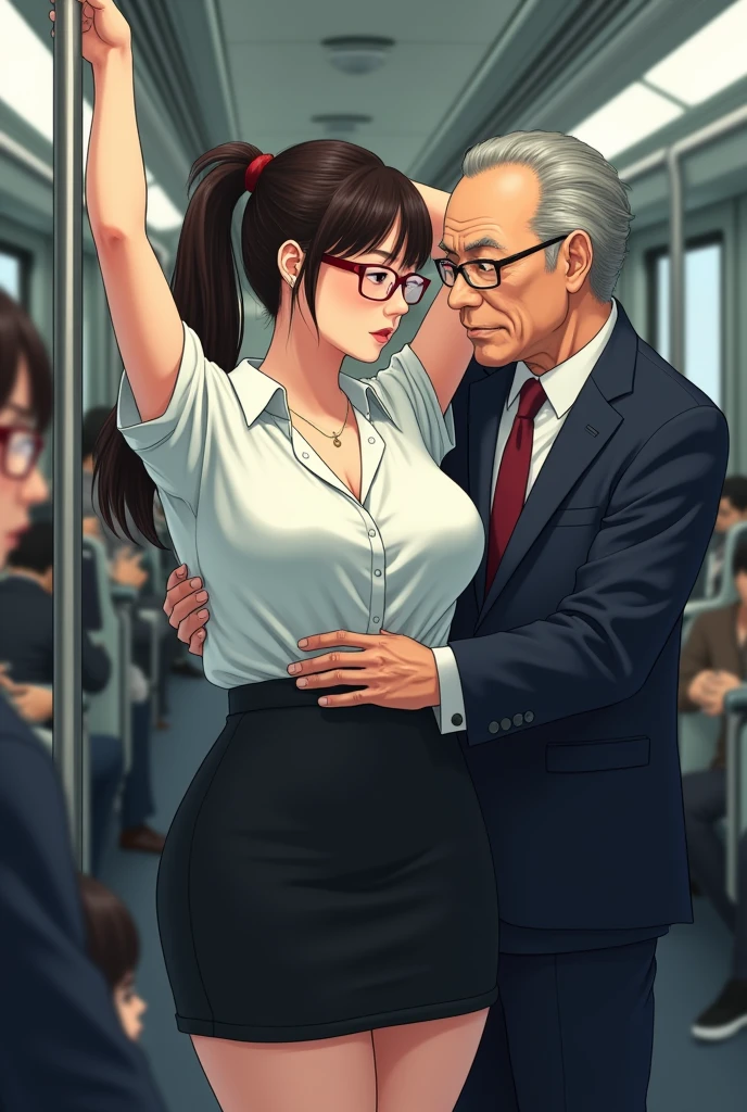 sfv, ((Realistic, Masterpiece)), (Very crowded subway train interior detailed scene), (Very crowded subway train interior detailed background), Stand crazy (Woman 1) Use sexy ((school uniform)), (((lifted skirt))), ((Big ass)), ((Thick)), ((3/4 white stockings)), (Fear expression), Be red in the face, Old skinny old ass touching woman 1 touching woman 1 touching woman from behind 1,(((very old ((Ugly) Skinny)  (Old man black), (Poorly dressed) Press the chest against the woman's back 1))) and (((Hold her waist behind you)))