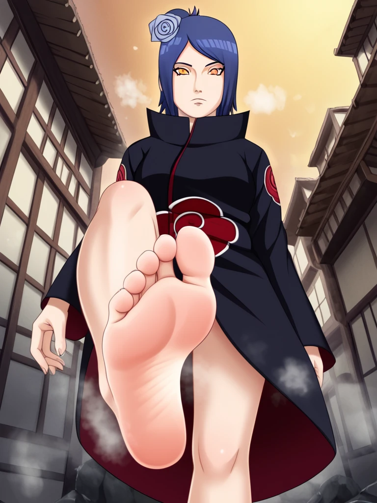 The woman \(Naruto\), Alone, 1girl, closed_mouth, akatsuki outfit, (akatsuki outfit:1.1), flower, hair flower, (orange eyes:1.2), black coat，Alone，Small town in Japan，ruins，In the alley，Disdainful face，Dark gray blue hair，Soles出汗，barefoot，Perfect feet，水从Soles滴落，Steam around feet，Five toes per foot，Low Angle，front，Soles，One-leg stand，Lift one foot，Foot Focus，high resolution, Anatomically correct, Focal length 35mm, 