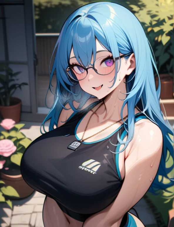 (masterpiece), best quality, expressive eyes, perfect hybrid succubus mannequin girl face, long cyan and blue hair, magenta eyes, glasses, sweaty body, sporty black top, happy, demon tail, gold necklace with a stone black, black sports shorts, big and perfect breasts, thick thighs, perfect ass, at home, in her garden, taking a photo with that sports outfit to send to her boyfriend, nfsw