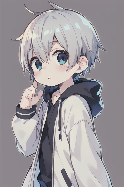 Deformed,Highest quality, (high quality),eye highlights,arms are thin, thin body,face, from side,look at viewer,droopy eyes, put your hand on your cheek,shy,blush,open your mouth and laugh,(((chilled boy))), (1 boy),(silver hair),((very short  hair)),parka,heart background,