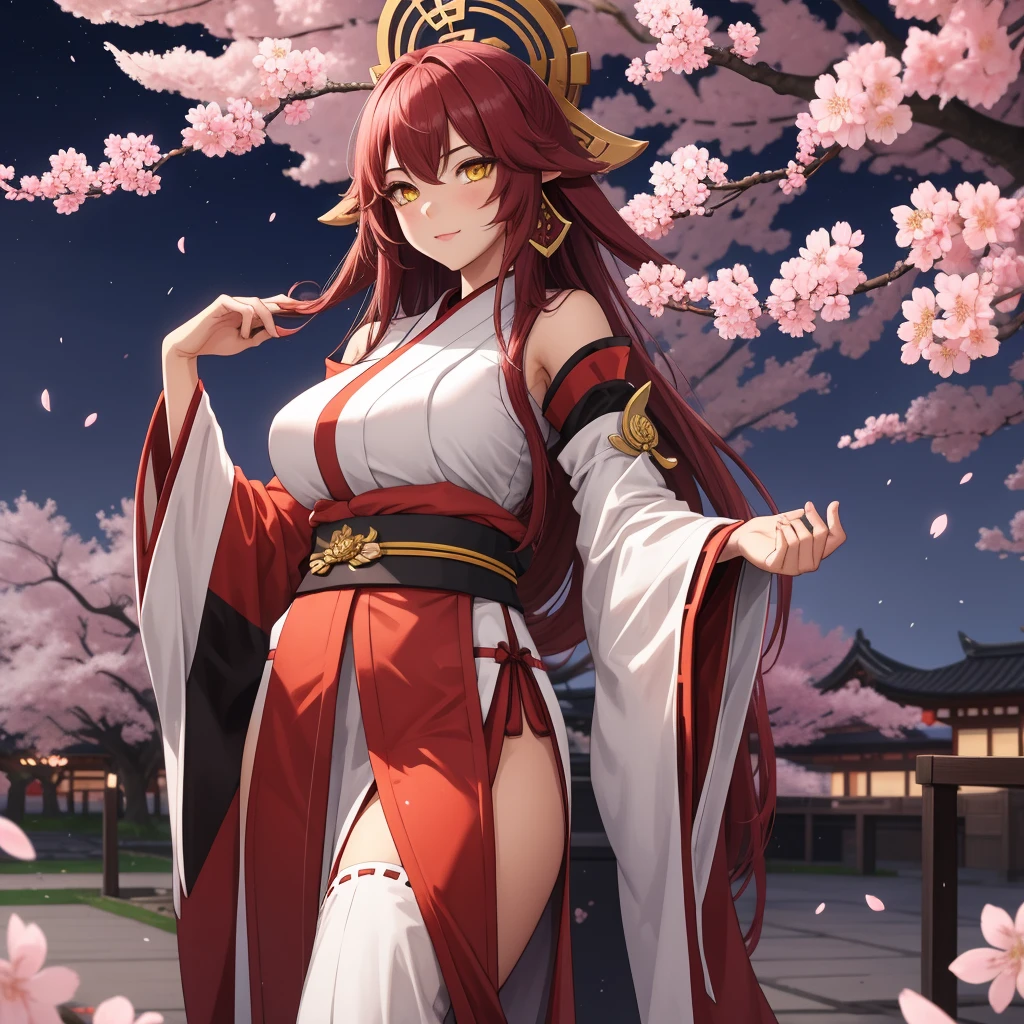 4k,(((1girl))),A sexy&cool female in the gohei at night,Yae Miko clothes,detail,huge filesize,artbook,Cinematic Lighting,solo,night,Cherry blossom tree,cherry blossoms,slender_waist,glamor,, (masterpiece, high resolution, best quality:1.4, breathtaking, ultra detailed), red long hair, yellow eyes