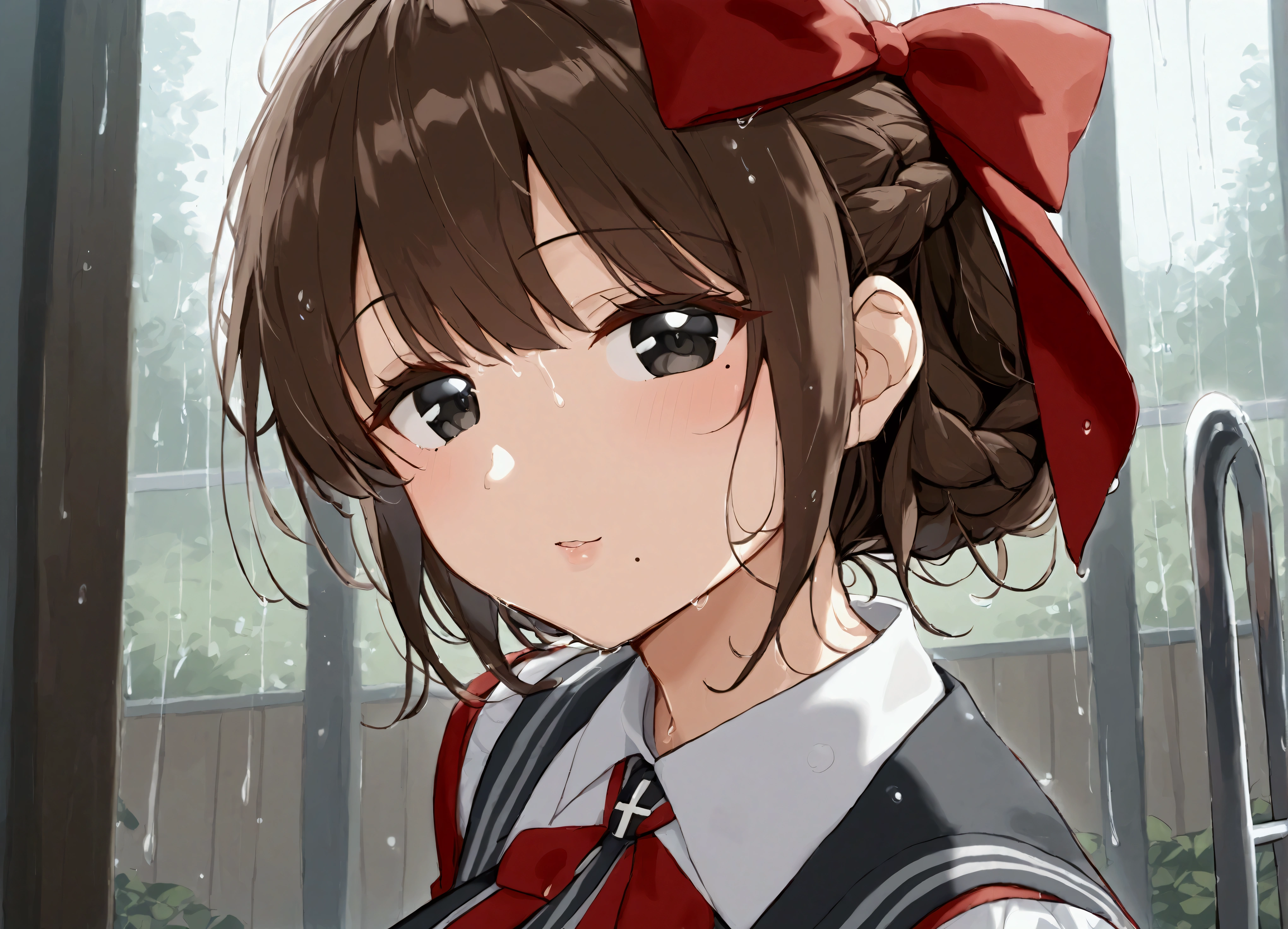 Best Quality, masterpiece, High resolution one person　Kantai Collection_Asahi Asahi KC、Brown Hair、Black Eyes、Mole under the mouth、Hair Bows、Red ribbon、French Braid、Half Up、Hair Ribbon、White ribbon、Black bow tie、White collared shirt、Long sleeve、Red jacket、Open jacket、Wide sleeves、High Waist Skirt、Frilled Skirt、Black Skirt、Pleated skirt、Floral、Black Pantyhose、Cross-lacing footwear、Black footwear、Ladder Footwear　(Big Breasts)　Wet　Mature look　View here　heavy rain