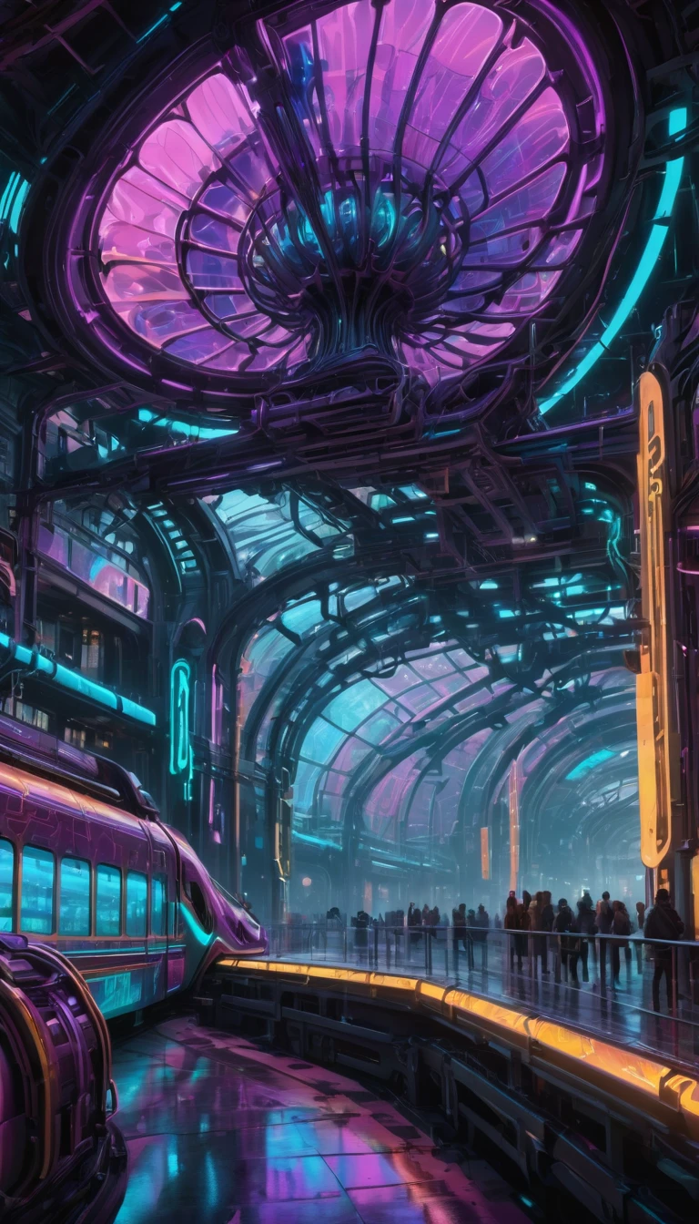 High Resolution, High Quality, Masterpiece. Digital art of a futuristic train station encapsulates cyberpunk aesthetics, featuring grandiose sculptures reminiscent of Louis Tiffany and Dale Chihuly's glasswork, cyberpunk-style trains on spiraling tracks, enveloped in fractal neon glows, smoke swirling around artillery, sparks flying off racks, motherboard-like system units scattered, all rendered in octane perfection, hyper-detailed akin to Pascal Blanche and Rutkowski Repin's artstation hyperrealism, with a cinematic quality matching an