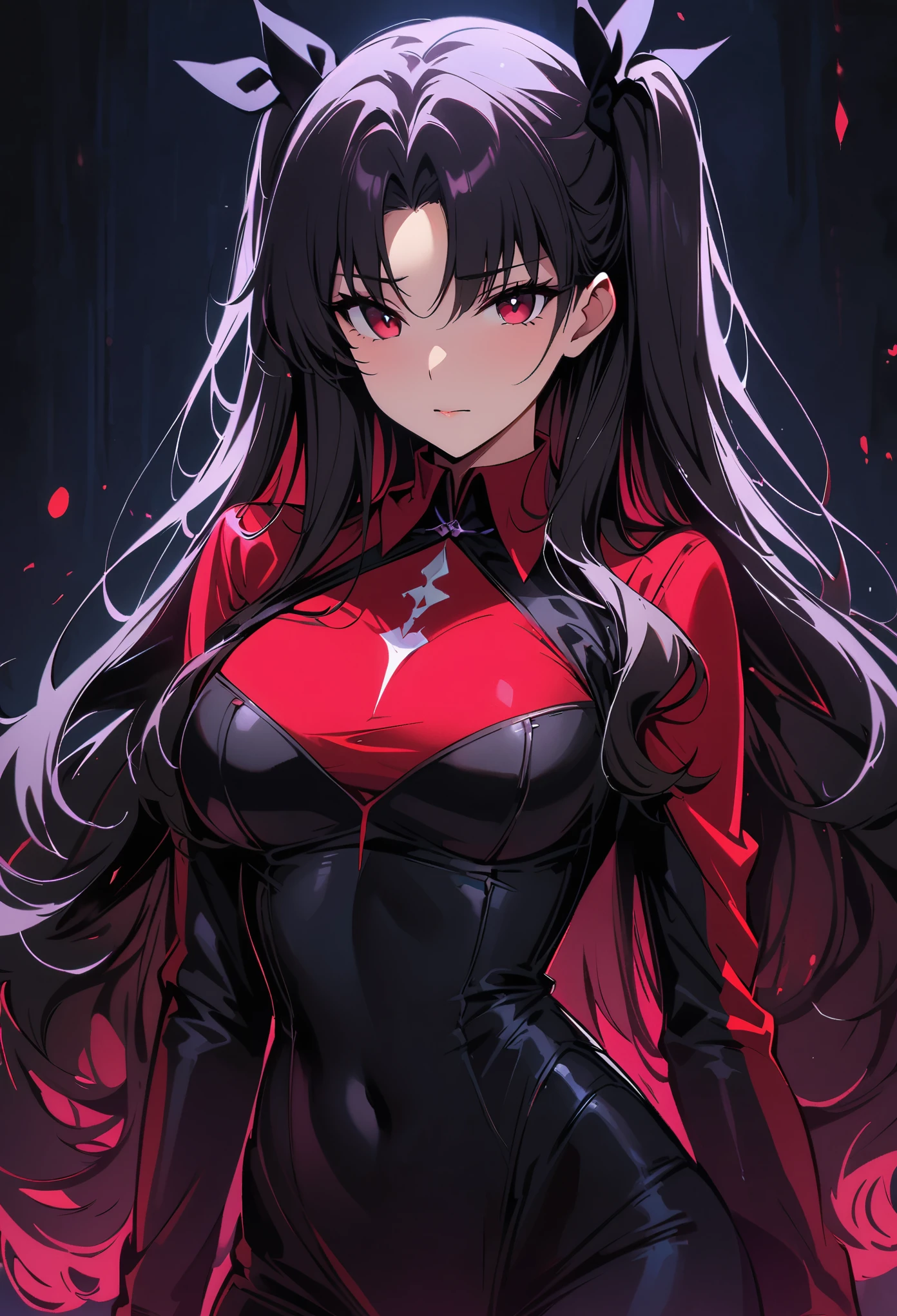 Rin Tohsaka，(masterpiece, Best quality:1.2), Black Light Art，1 girl, solitary，Tights，Chest，，Tights，Busty
