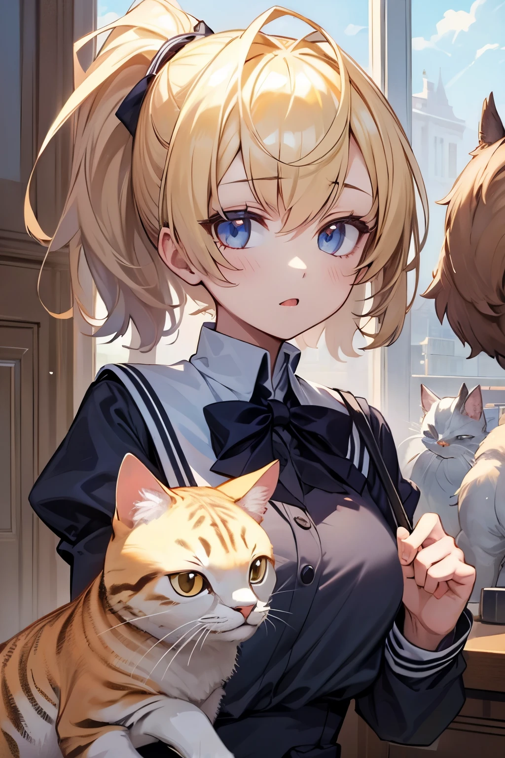 Masterpiece, Best Quality, Ultra high Detailes, intricate details, 
1girl, detailed eyes, school uniform, with cats