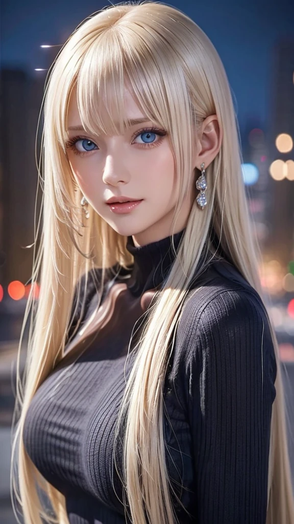 Platinum Blonde Silky Hair、masterpiece、Best Quality、High resolution、Highly detailed photos、Professional Lighting、(((Tops)))、Bangs between the eyes、Hair above the eyes、片Hair above the eyes、Mid-face hair、Strike a Pose、Portraiture、Bright expression、like々White, radiant skin、Great looks、Blonde reflection、Platinum blonde hair with dazzling highlights、Bright and shiny hair,、Long Straight Hair、Beautiful sparkling bangs、Sparkling、Clear、Attractive big blue eyes、so beautiful, Lovely and cute girl、Bust of a Rich Man、(Black tight knitwear),Night cityscape