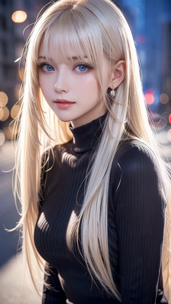 Platinum Blonde Silky Hair、masterpiece、Best Quality、High resolution、Highly detailed photos、Professional Lighting、(((Tops)))、Bangs between the eyes、Hair above the eyes、片Hair above the eyes、Mid-face hair、Strike a Pose、Portraiture、Bright expression、like々White, radiant skin、Great looks、Blonde reflection、Platinum blonde hair with dazzling highlights、Bright and shiny hair,、Long Straight Hair、Beautiful sparkling bangs、Sparkling、Clear、Attractive big blue eyes、so beautiful, Lovely and cute girl、Bust of a Rich Man、(Black tight knitwear),Night cityscape