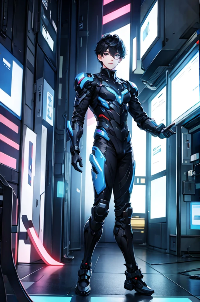 Alone、Front、whole body、Anime boy protagonist in a futuristic mechanical combat suit、Cyberpunk Anime Boy、