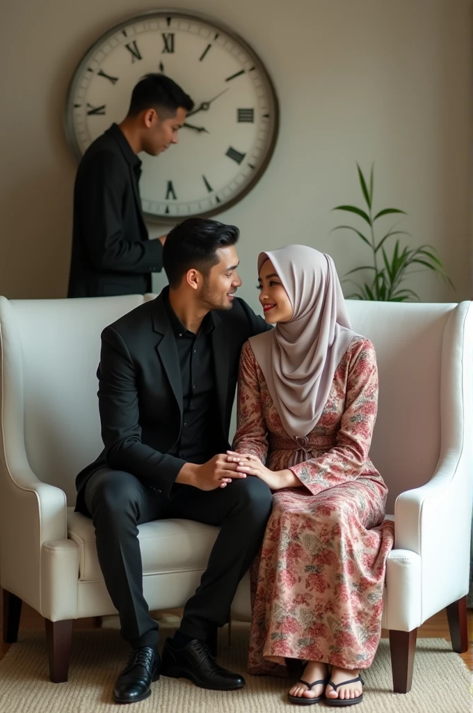 A romantic couple, a handsome 30-year-old Indonesian man with layered hair, and a beautiful chubby woman wearing a hijab and jeans, are embracing romantically in a luxurious BMW car. The background is a city street.